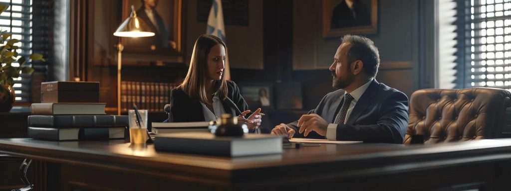 a confident legal professional sits at a sleek office desk, attentively listening to an injured worker, with warm, ambient lighting highlighting their engaged expressions as they discuss workers' compensation rights and support.