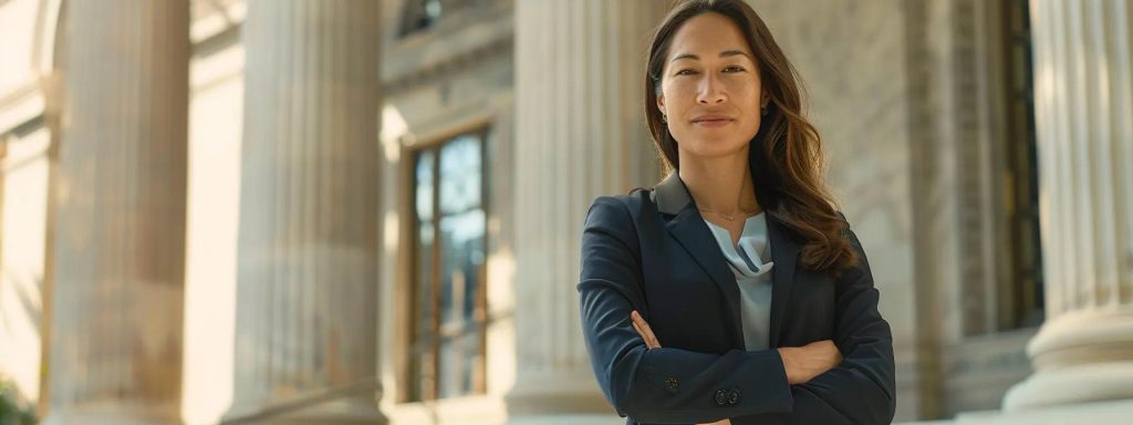 a confident local attorney standing in front of a courthouse, exuding professionalism and approachability, symbolizing trust and expertise in workers' compensation cases amidst a bright, sunny long beach backdrop.