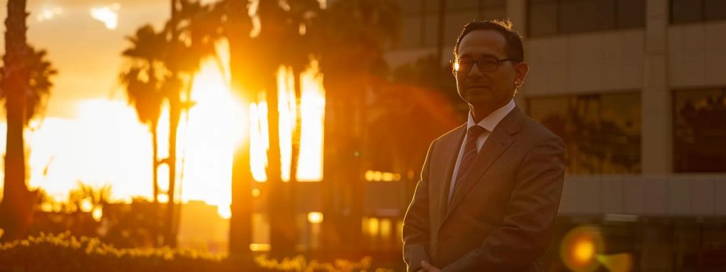 a confident local attorney stands in front of the long beach courthouse, illuminated by the golden light of sunset, symbolizing expertise and advocacy in navigating workers' compensation claims amid a vibrant coastal backdrop.