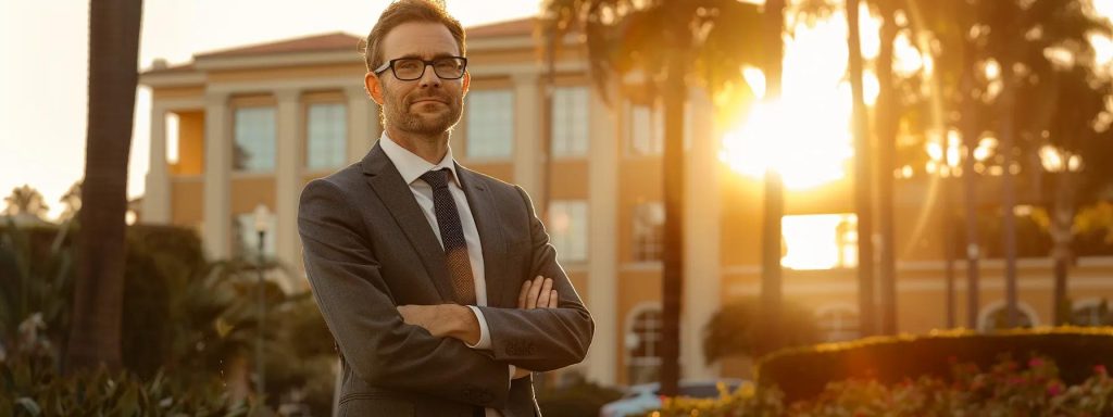 a confident local lawyer stands in front of a picturesque long beach courthouse, bathed in golden hour light, embodying trust and expertise for clients seeking legal guidance in their community.
