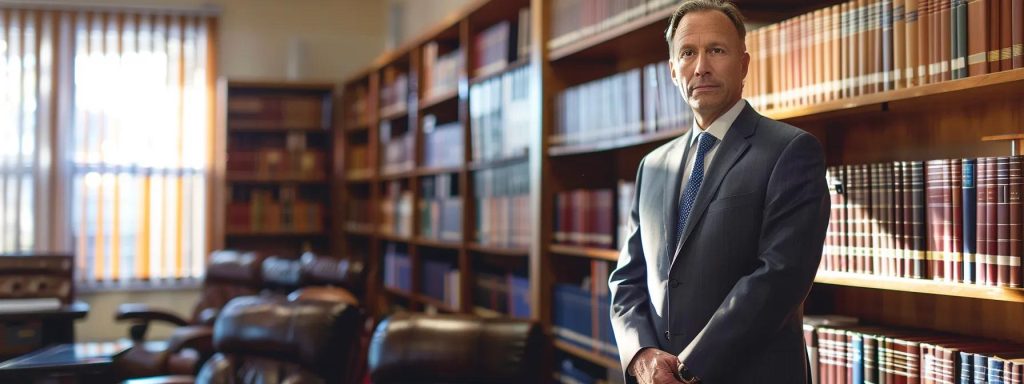 a confident long beach workers compensation lawyer stands in a brightly lit law office, surrounded by legal books and case files, conveying expertise and support for clients recovering from workplace injuries.