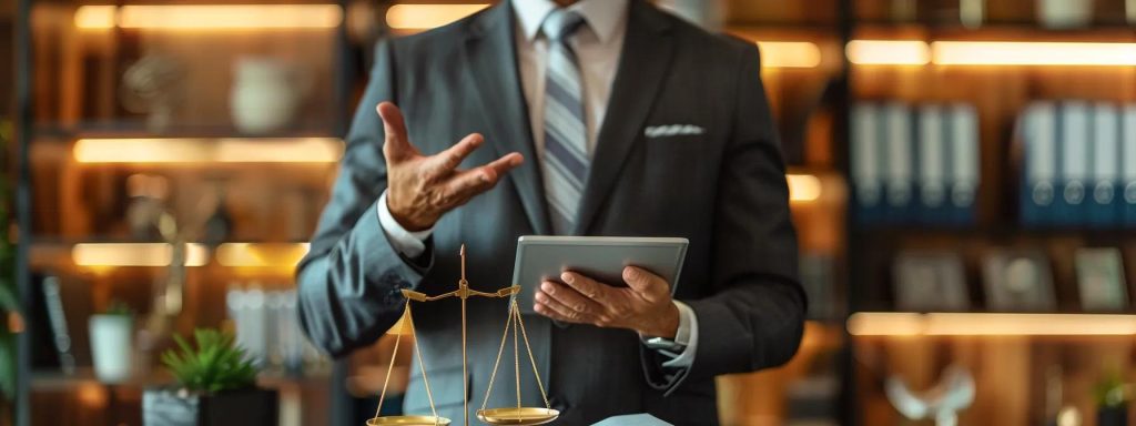 a confident professional lawyer stands in a modern office, gesturing emphatically while presenting a transparent fee structure on a sleek digital tablet, under warm, ambient lighting that highlights the seriousness of financial discussions.