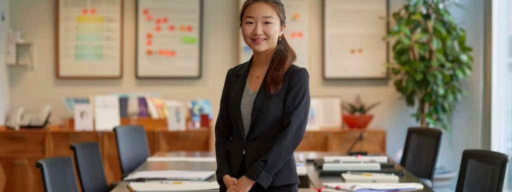 a confident professional negotiator stands at a sleek conference table, surrounded by clear documentation and visual aids, embodying strategic prowess and focused determination in a well-lit office environment.