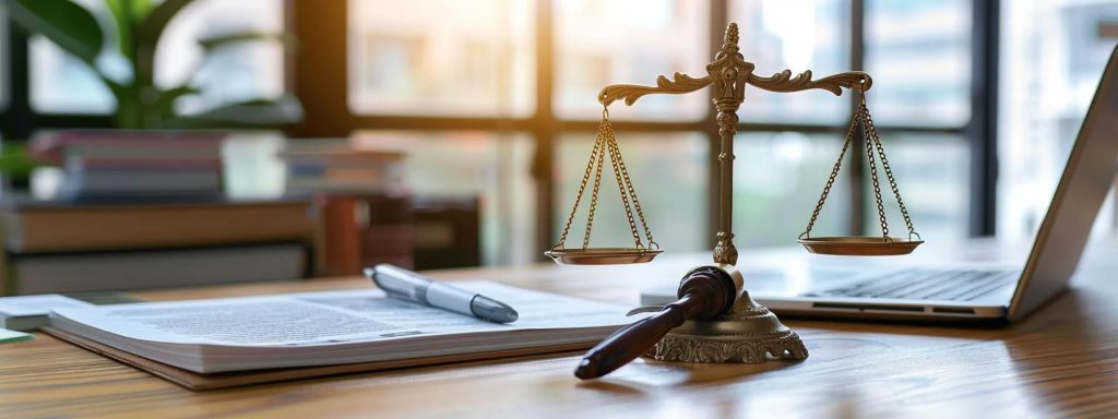 a confident professional sits at a polished wooden desk, surrounded by documents and a laptop, with a backdrop of a bright, airy office space that symbolizes resolution and financial stability in workers compensation settlements.