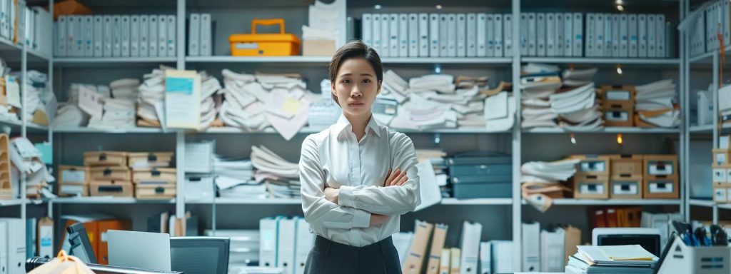 a confident professional stands in a well-organized office, surrounded by neatly arranged medical documents and evidence, exuding determination as they prepare for a crucial negotiation on workers' compensation.
