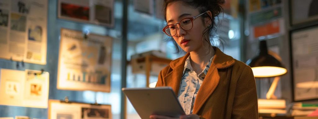 a confident worker stands in an office, surrounded by informative posters about workers' compensation, with a warm light illuminating their thoughtful expression as they review the claims process on a sleek tablet.