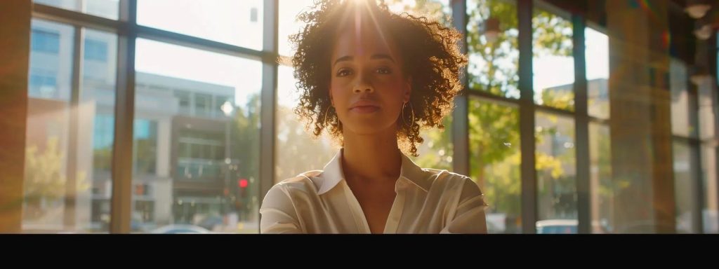 a confident worker stands in front of a modern law office, exuding relief and hope as sunlight streams through the large windows, symbolizing the simplified journey through the legal process with the help of a dedicated workers' compensation lawyer.