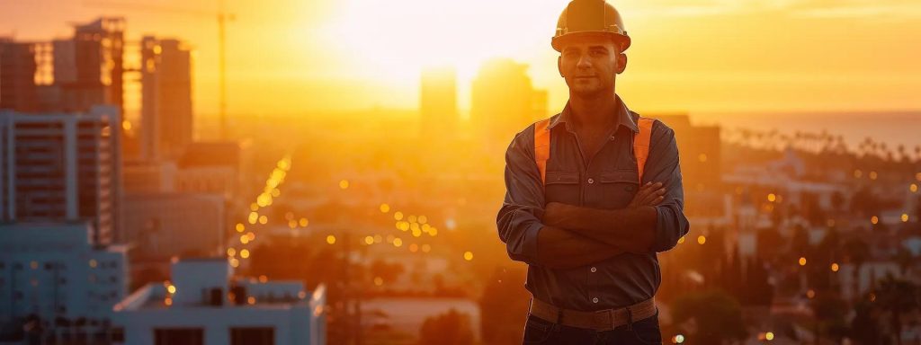 a confident worker stands in front of a vibrant long beach skyline, symbolizing the importance of timely claims and support in the workers' compensation process, illuminated by the warm glow of a setting sun.
