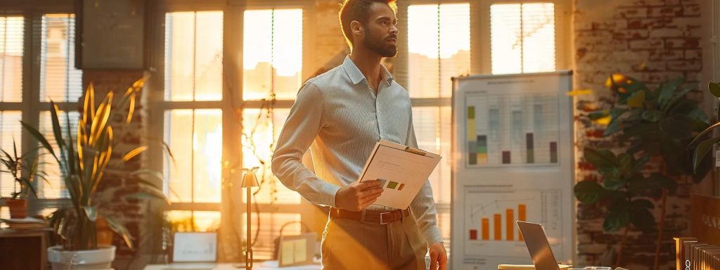 a confident worker stands in a sunlit office, surrounded by documents and a laptop, as a clear chart depicting common myths about workers' compensation looms in the background, symbolizing empowerment through knowledge.