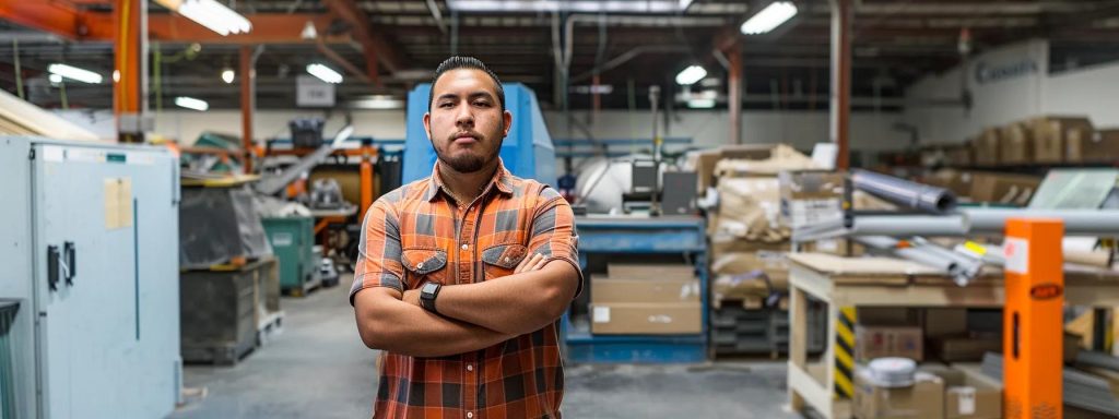 a confident worker stands tall in a vibrant california workplace, embodying resilience and hope amidst a backdrop of safety equipment, symbolizing the essential support of the workers' compensation system.