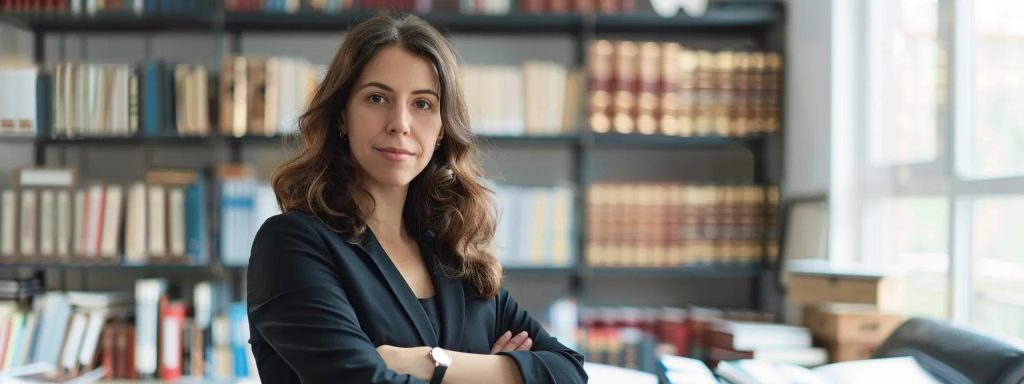 a confident workers' compensation lawyer stands in a bright, modern office filled with legal books and documents, exuding professionalism as they discuss the intricacies of local laws with a focus on empowering injured workers.