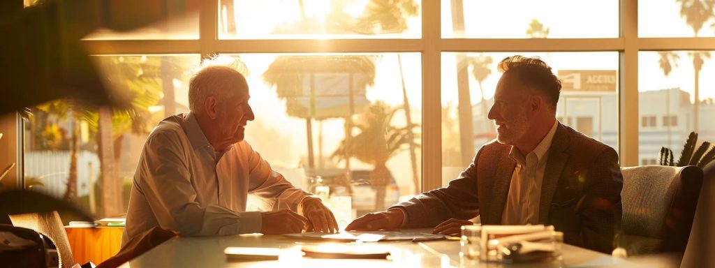 a confident workers' compensation attorney converses with an injured employee in a sunlit long beach office, embodying trust and clarity amidst a backdrop of legal documents and supportive resources.