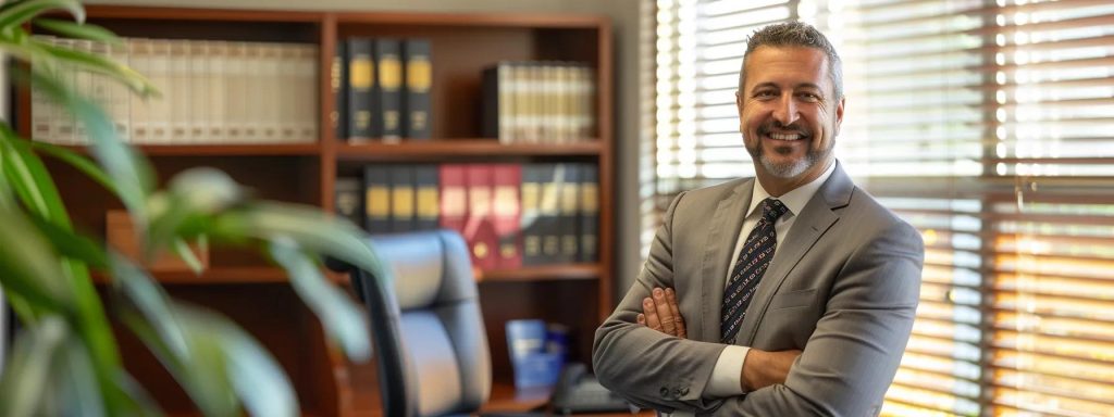 a confident workers' compensation attorney stands in a bright, welcoming office, surrounded by legal books and documents, confidently discussing fee structures with a client, symbolizing trust and transparency in legal support for injured workers in long beach.
