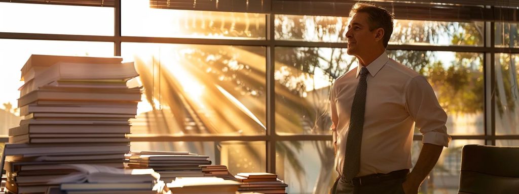 a confident workers' compensation attorney stands in a sunlit long beach office, surrounded by legal books and case files, exuding professionalism and dedication as they prepare to advocate for injured workers' rights.