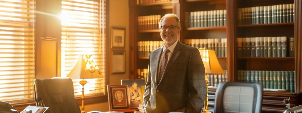 a confident workers' compensation attorney stands in a sunlit office, surrounded by legal books and documents, symbolizing the essential role of legal representation in securing favorable settlements for injured workers.