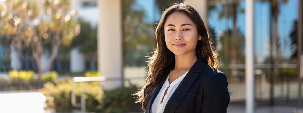 a confident workers' compensation attorney stands outside a sleek office building in long beach, exuding professionalism and trustworthiness under warm afternoon sunlight, while testimonials and reviews elegantly frame the background.