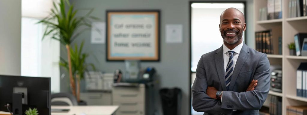 a confident workers' compensation attorney stands in a bright, modern office, surrounded by legal documents and motivational quotes, embodying the spirit of guidance and support for injured workers navigating complex compensation laws.