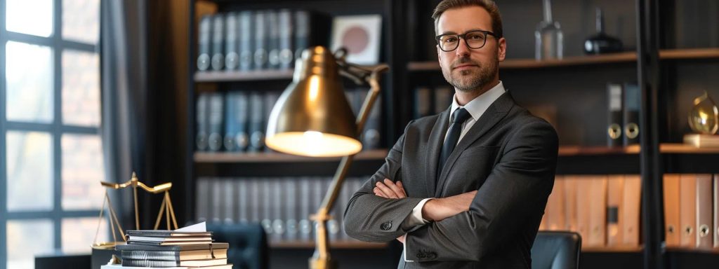 a confident workers' compensation attorney stands in a modern office, illuminated by soft natural light, emphasizing the relief and empowerment of a client who is discussing their claim, while a stack of legal documents and an open laptop hint at the complexity of the legal process they are navigating together.