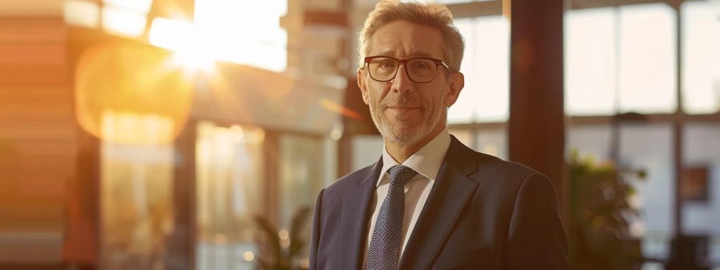 a confident workers' compensation attorney stands in a sunlit, modern office, engaged in a focused discussion with a client, embodying trust, expertise, and personalized support during the legal process.