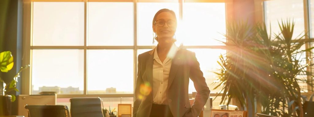 a confident workers' compensation attorney stands in a sunlit long beach office, surrounded by awards and client success stories, exuding professionalism and trust as they prepare to advise injured workers navigating complex claims.
