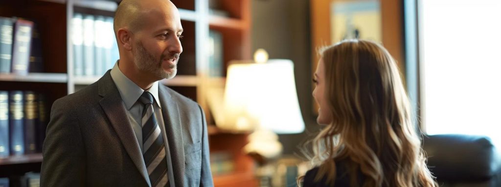 a confident workers' compensation attorney stands assertively in a modern office, engaged in a focused discussion with a client, illuminated by warm, soft lighting that highlights the determination and expertise in their expressions, symbolizing the crucial support offered in navigating complex legal claims.
