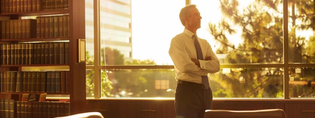 a confident workers' compensation attorney stands in a sunlit long beach office, surrounded by legal books and framed case awards, exuding professionalism and expertise as they prepare to engage with clients about complex workplace injury claims.