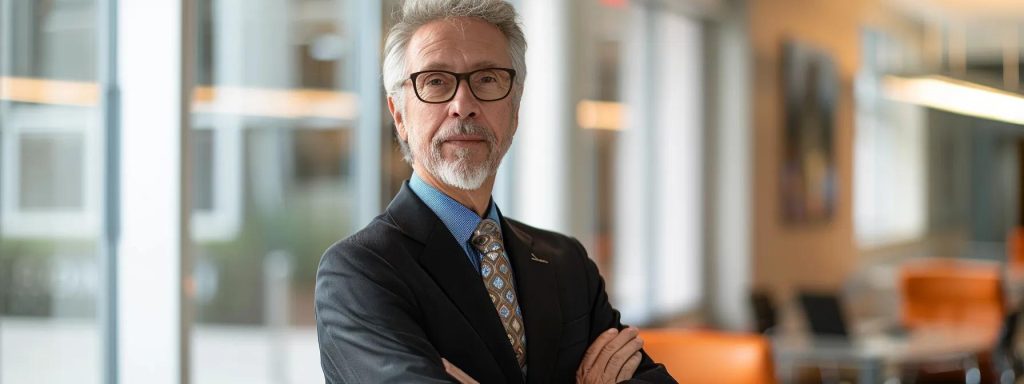 a confident workers' compensation attorney stands in a bright, modern office, engaging empathetically with a concerned client, conveying trust and professionalism in their interaction.