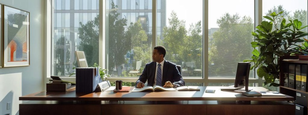 a confident workers' compensation attorney reviews case documents in a modern legal office, surrounded by motivational artwork and natural light streaming through large windows, symbolizing support and clarity for injured employees.