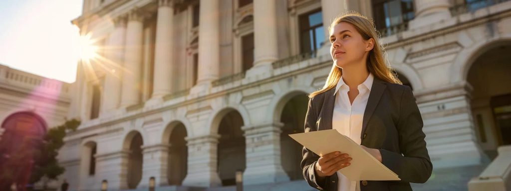 a confident workers' compensation attorney stands in front of the long beach courthouse, expertly holding a legal file, bathed in warm afternoon sunlight that highlights the architectural details of the building, symbolizing the critical importance of local knowledge in advocating for clients.
