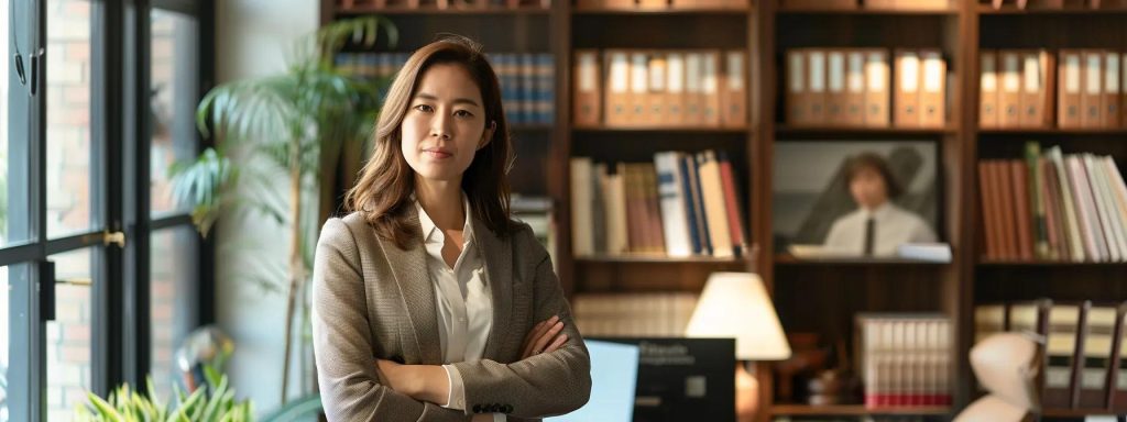 a confident workers’ compensation lawyer stands in a modern office, surrounded by law books and legal documents, conveying expertise and professionalism under warm, natural lighting.
