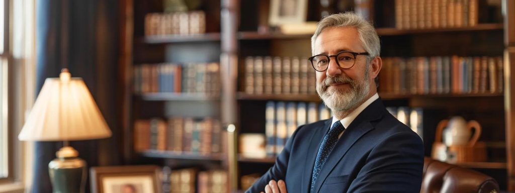 a confident workers' compensation lawyer stands assertively in a professional office, exuding expertise and trustworthiness, with legal books and case files neatly arranged in the background, illuminated by warm, natural lighting.