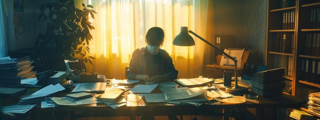 a contemplative individual sits at a desk scattered with documents and medical records, illuminated by soft, natural light, reflecting the emotional weight of navigating the complexities of workers' compensation coverage and its hidden costs.