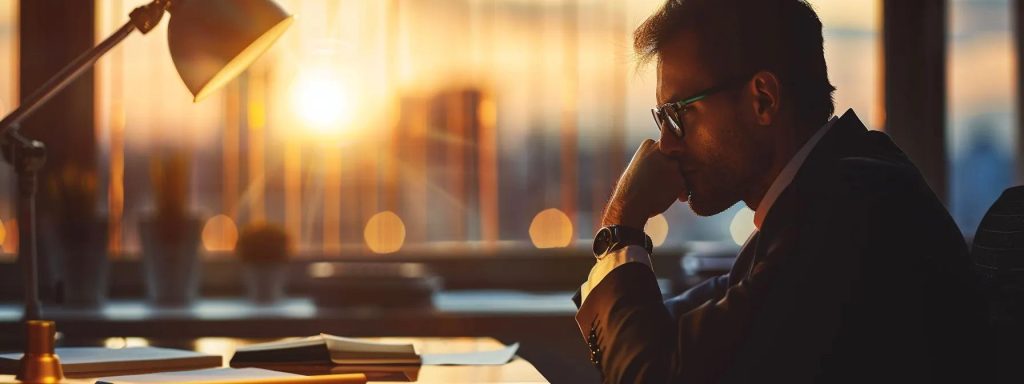 a contemplative individual sits in a softly lit office, gazing pensively at a legal document on their desk, reflecting the serious decision-making process involved in seeking a workers' compensation attorney.