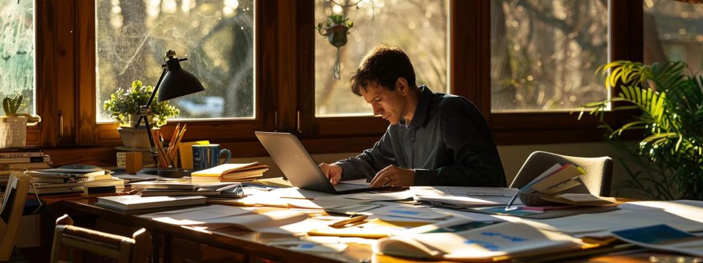a contemplative workspace showcases a person reviewing a settlement agreement, surrounded by legal documents and financial charts, illuminated by soft, natural light filtering through a nearby window.