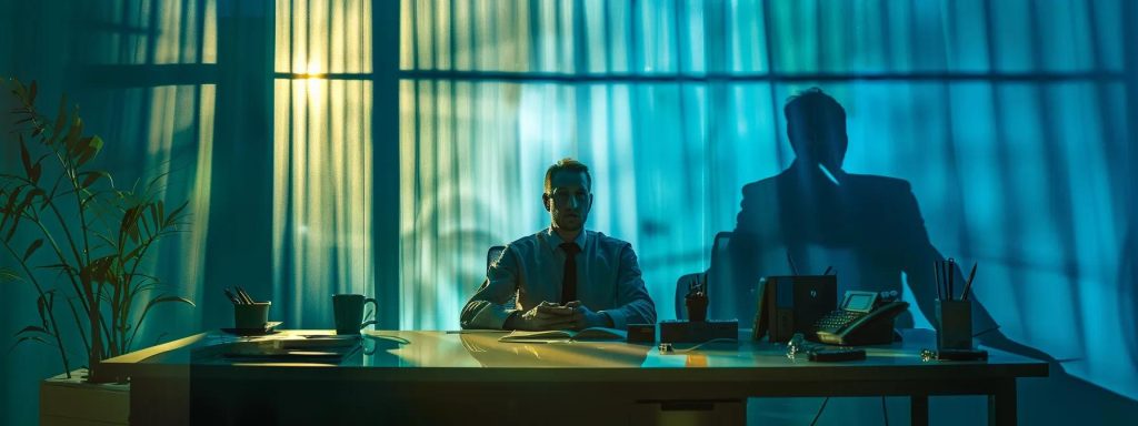 a corporate office environment with a shadowy figure looming over a distressed employee at a desk, highlighting the theme of retaliation against workers' compensation claims, illuminated by stark overhead lighting that casts dramatic contrasts.