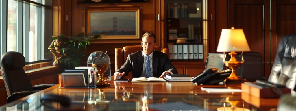 a determined attorney engages in a strategic negotiation at a sleek, modern law office, exuding confidence and expertise while reviewing critical documents related to workers' compensation claims for injury cases.