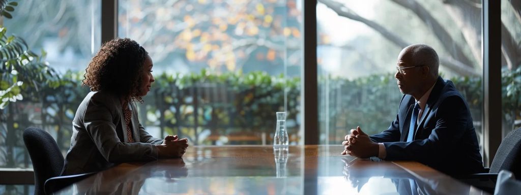 a determined attorney sits at a sleek conference table, engaged in a focused discussion with a client, illuminating the serious nature of a personal injury consultation amidst warm, ambient lighting that highlights their expressions of concern and hope.