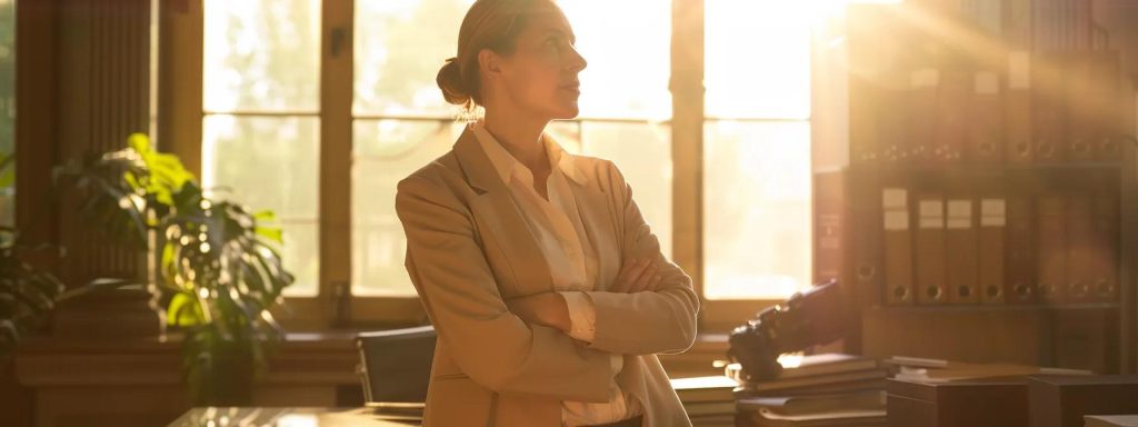 a determined attorney stands confidently in a sunlit office, surrounded by legal texts and documents, passionately discussing workplace injury claims with a client, symbolizing empowerment and the pursuit of justice.