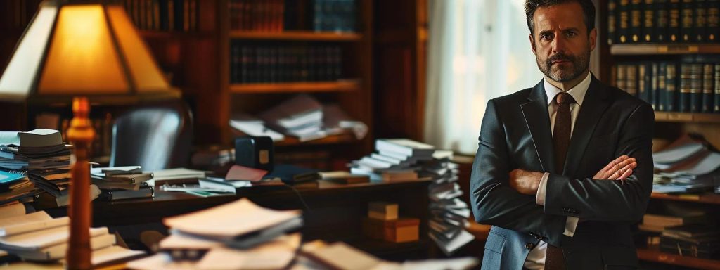 a determined attorney stands confidently beside a cluttered desk filled with paperwork, emphasizing the complexity of the workers' compensation process under the warm glow of an office lamp.