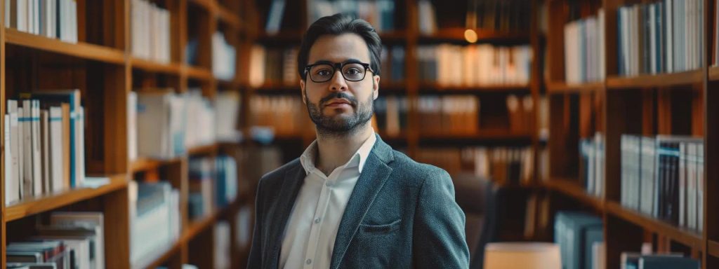 a determined attorney stands confidently in a sleek office, surrounded by legal books and case files, symbolizing expertise in navigating the complexities of workers' compensation claims.