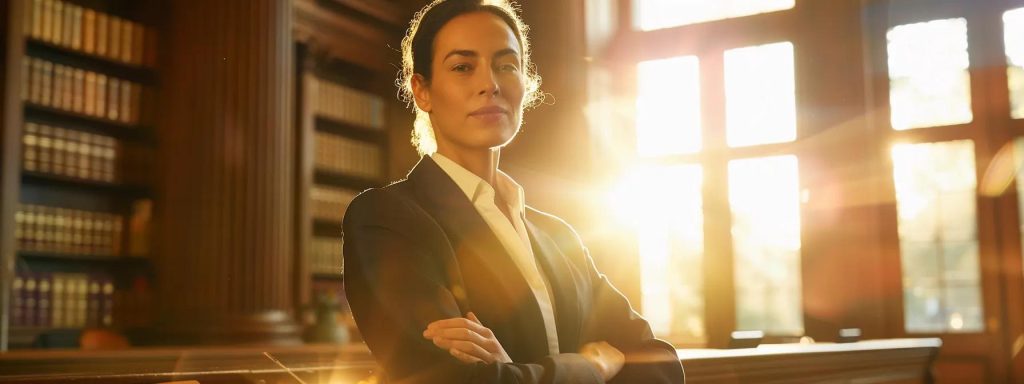 a determined attorney stands confidently in a sunlit courtroom, surrounded by legal books and documents, embodying the essence of success in workers' compensation cases against challenges like workplace injuries and toxic exposures.