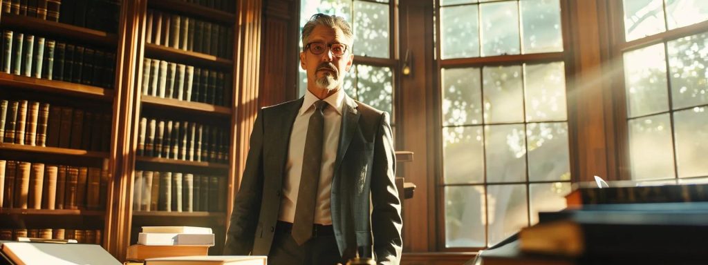 a determined attorney stands confidently in an office filled with case folders and legal books, exuding professionalism as they discuss important fee structures with an attentive client, illuminated by warm, natural light streaming through large windows.