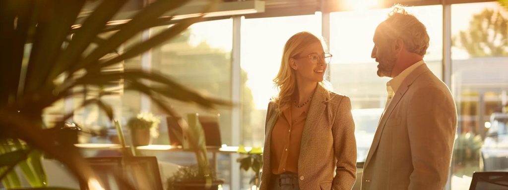 a determined employee stands confidently in a sunlit long beach office, engaging in a focused conversation with a knowledgeable workers' compensation attorney, embodying the search for effective legal representation.