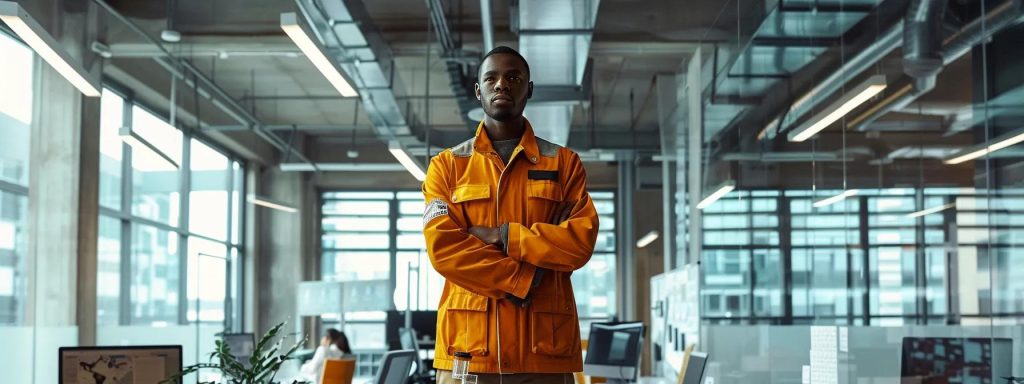 a determined employee stands confidently in a vibrant, well-lit office, surrounded by safety posters and protective equipment, symbolizing the vital theme of workplace safety and rights.