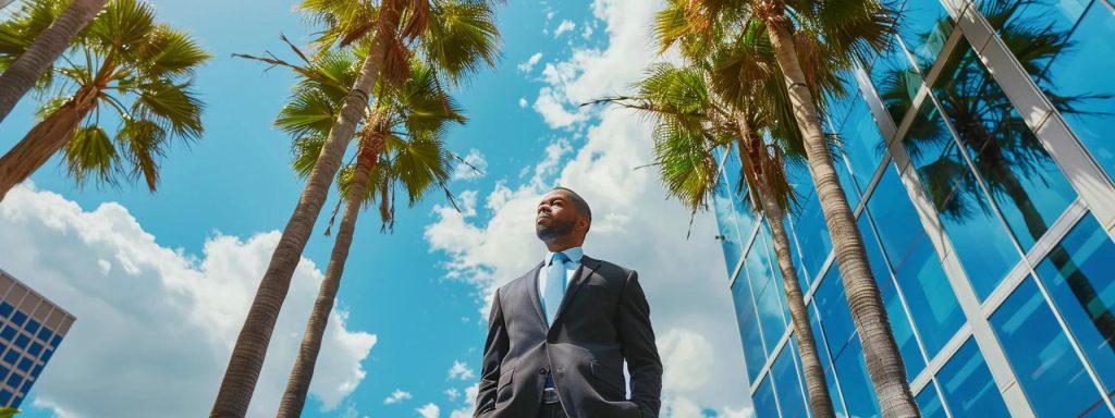 a determined employee stands confidently outside the workers' compensation appeals board in long beach, surrounded by towering palm trees and a vibrant blue sky, symbolizing the pursuit of justice in the workers' compensation appeal process.