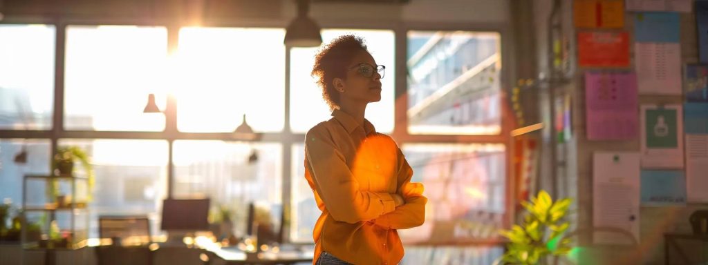 a determined employee stands confidently in a sunlit office, surrounded by safety posters and health resources, symbolizing their legal rights and protections after a workplace injury.
