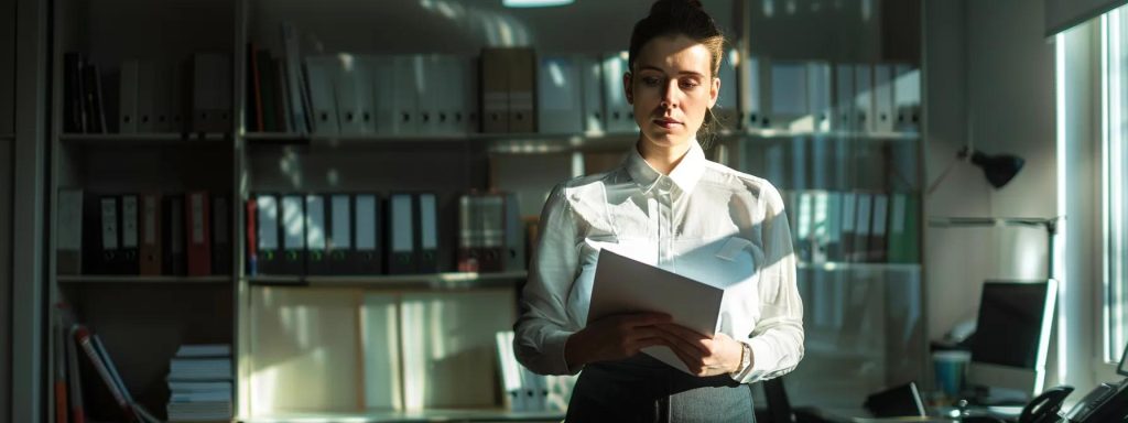 a determined employee stands confidently in a well-lit office, holding a folder filled with important documents, symbolizing the empowerment and advocacy needed to report workplace retaliation effectively.