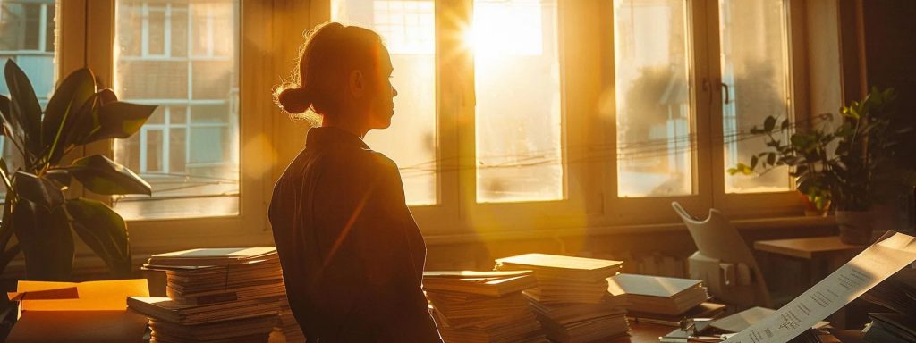 a determined employee stands in a sunlit office, surrounded by legal documents and resources, embodying empowerment and resilience as they navigate workplace injury rights.