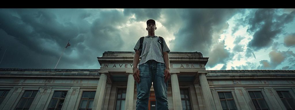 a determined employee stands resolutely in front of a weathered courthouse, symbolizing the struggle against common workers' compensation claim denials, under a dramatic sky that underscores the gravity of their fight for justice.