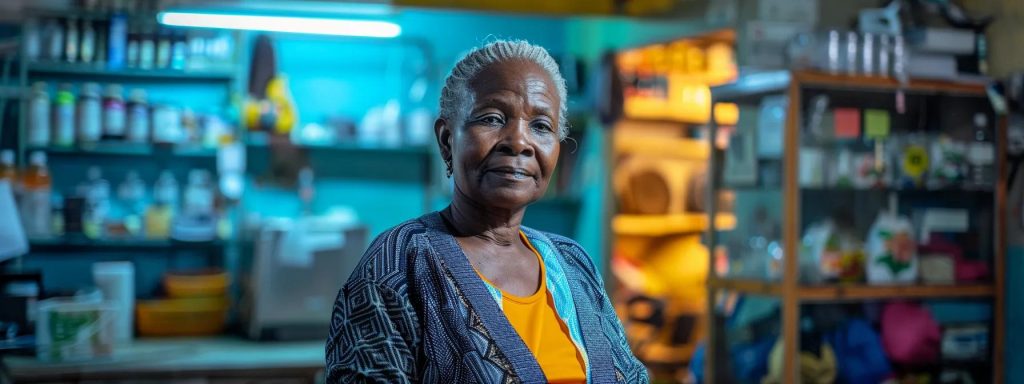 a determined essential worker stands resolutely in front of a brightly lit legal aid office, exuding empowerment and hope as they prepare to advocate for their rights amidst a vibrant urban backdrop.
